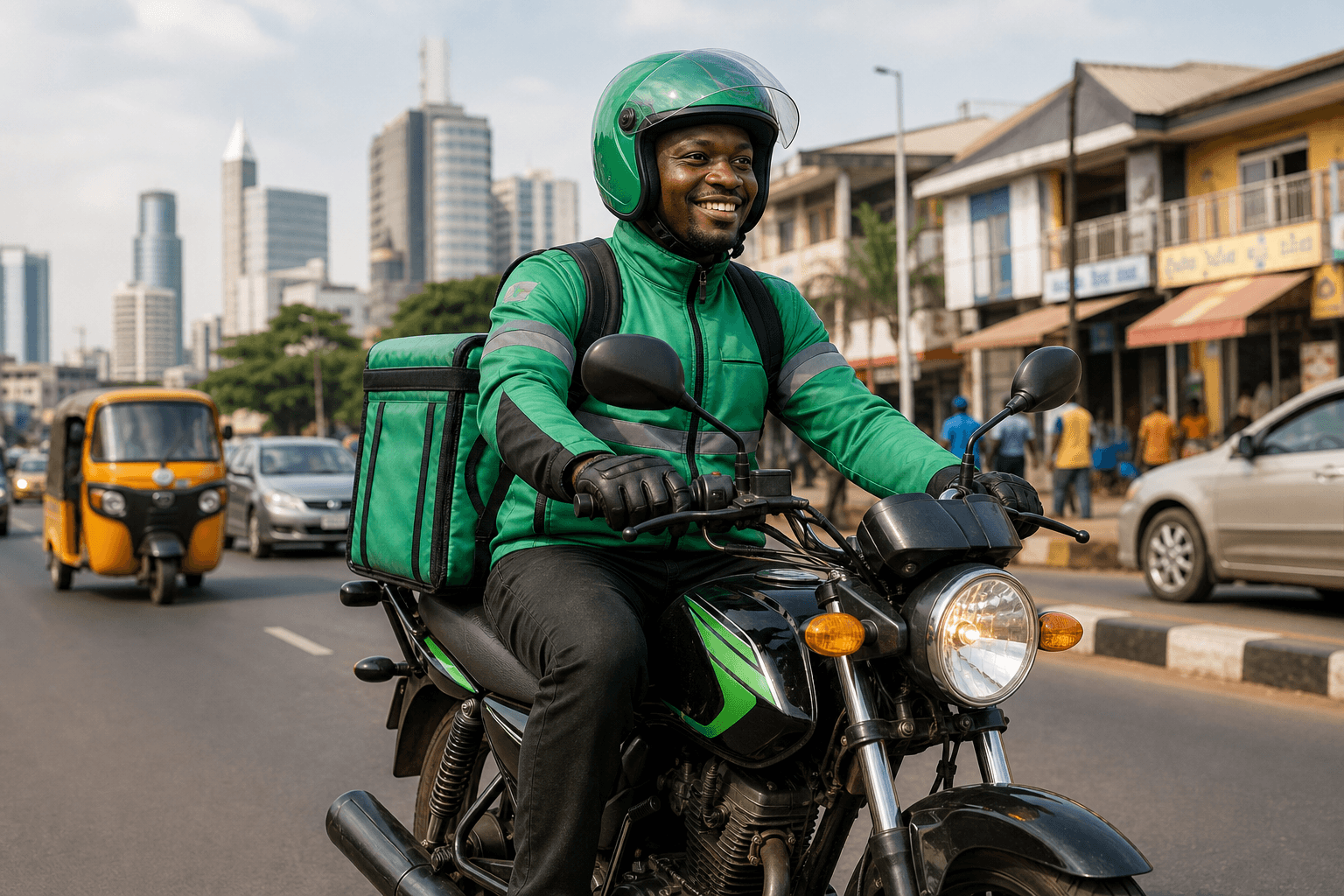 Nigerian delivery motorcycle rider on a city street